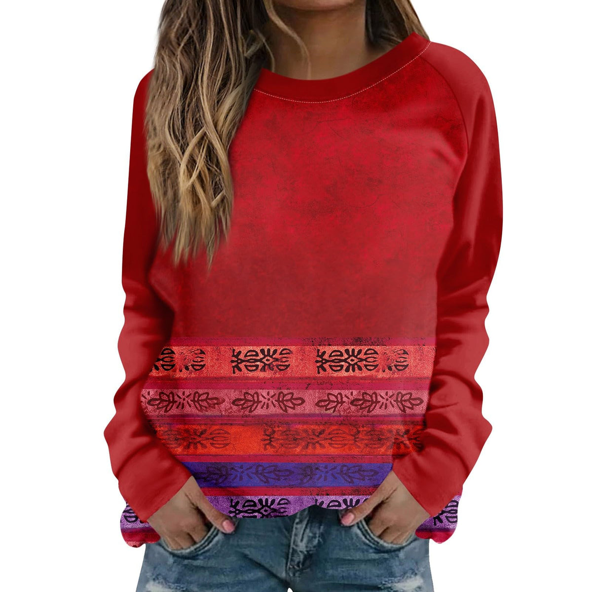 Women's Oversized Floral Print Crewneck Sweatshirt – Red XXL