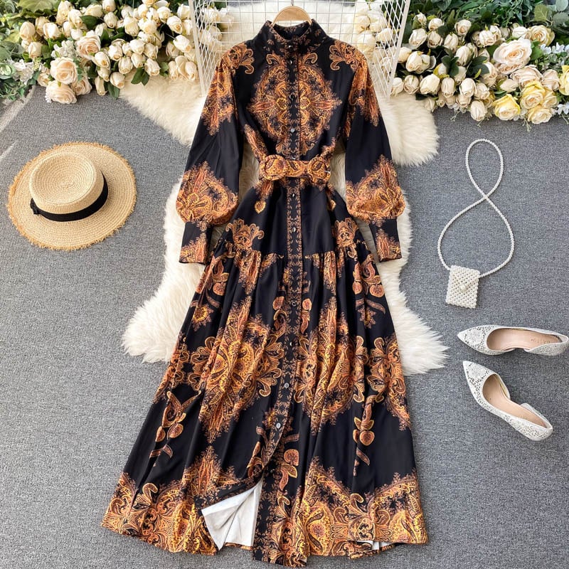 Women's Porcelain Print Stand-Collar Dress