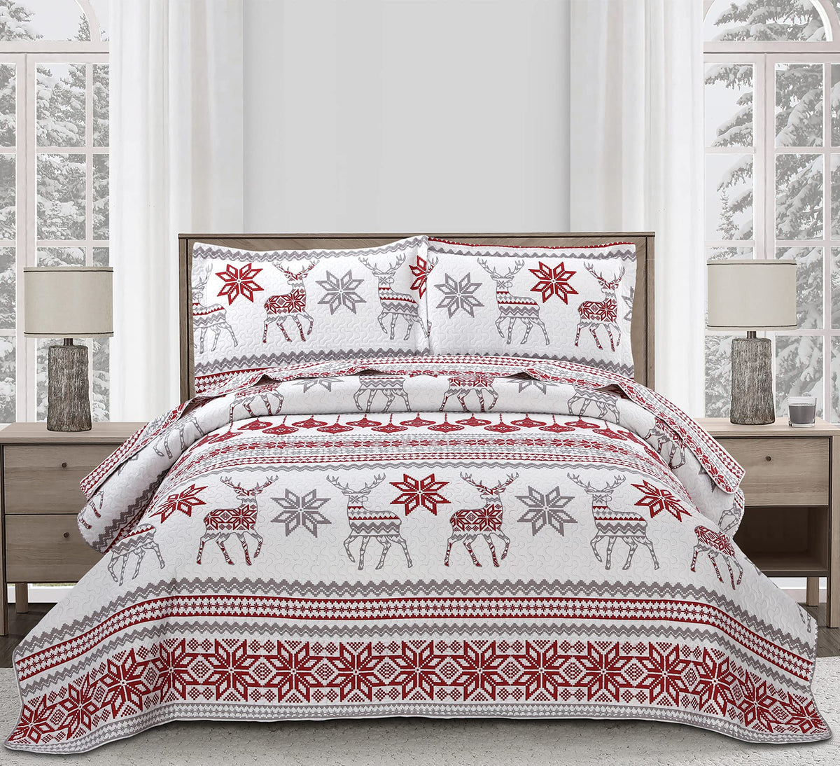 Christmas Snowflake Elk Quilt Set, Queen