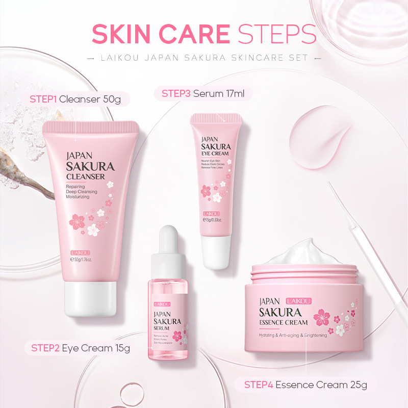 Kirschblüten 4-teiliges Hautpflegeset – Toner, Serum, Creme & Augenpflege
