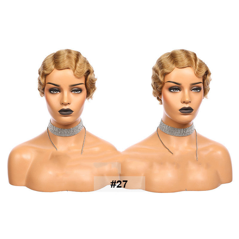 Ladies' Short Chopped Human Hair Wig with Hair Band