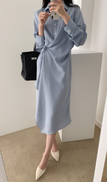 Asymmetric-Hem Polyester Shirt Dress