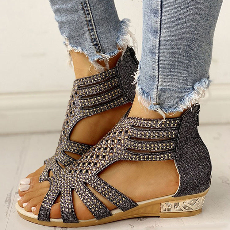 Women's Flat Cutout Roman Sandals with Rhinestones