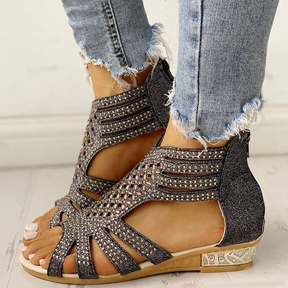 Women's Flat Cutout Roman Sandals with Rhinestones