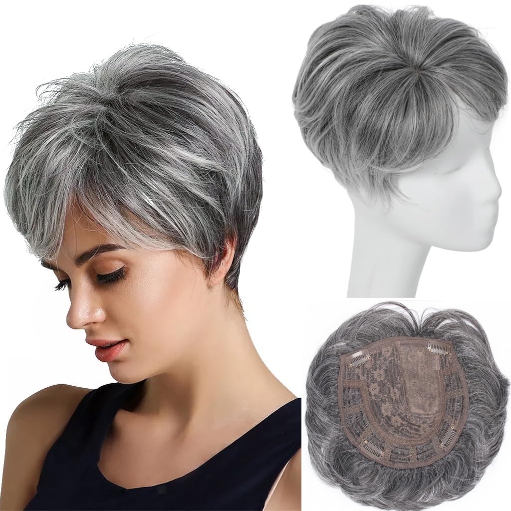 PORSMEER Hair Topper for Women – Short Pixie Cut Synthetic Wiglet for Thinning Hair | Black Mix Silver
