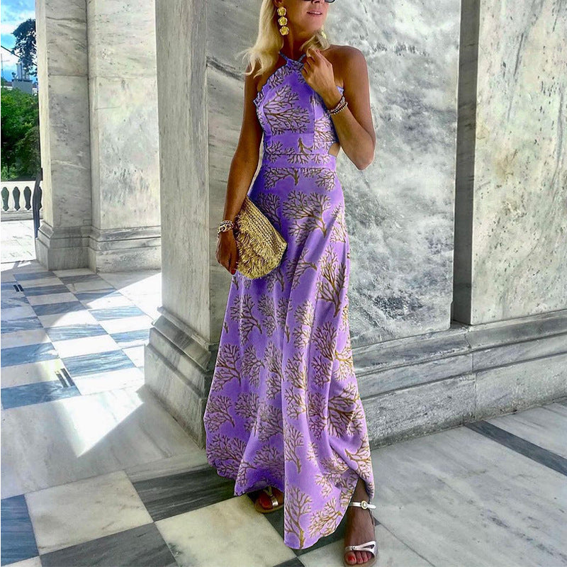 Damen Neckholder Print Midikleid | Ärmelloses Sommerkleid mit hoher Taille