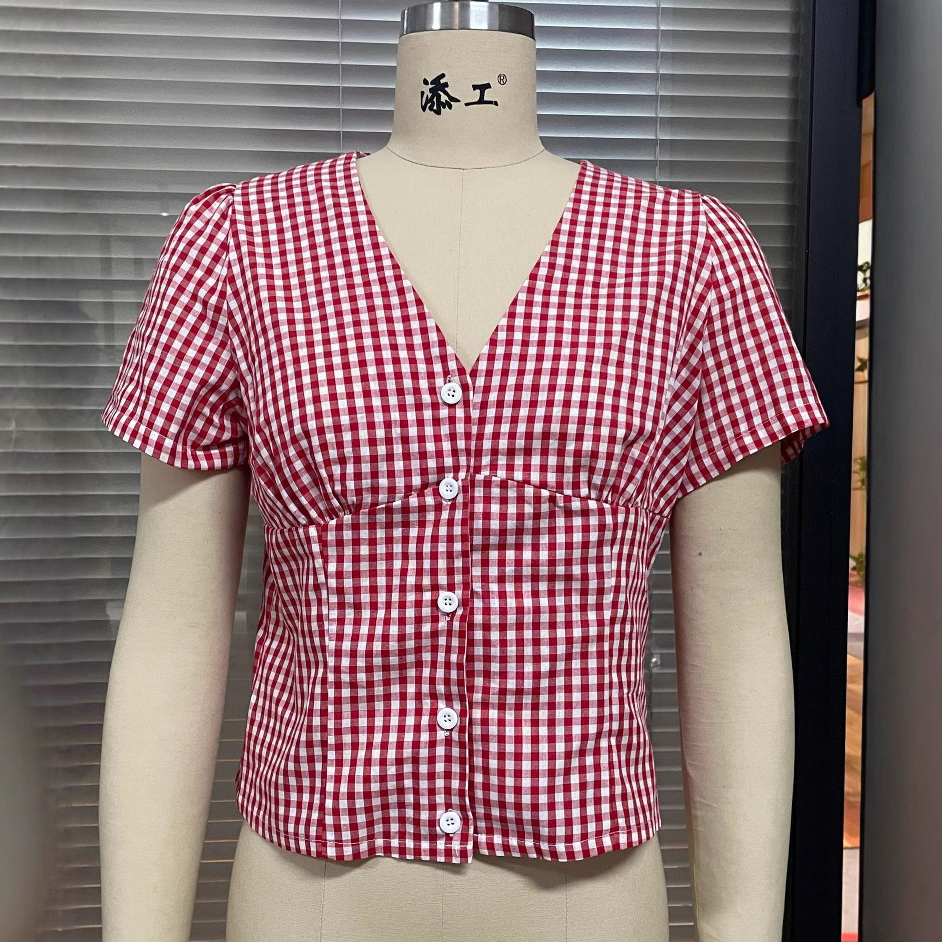 Damen Kurzarm Kariertes Button-Down-Hemd