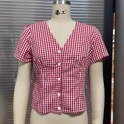 Women's Short Sleeve Plaid Button Shirt