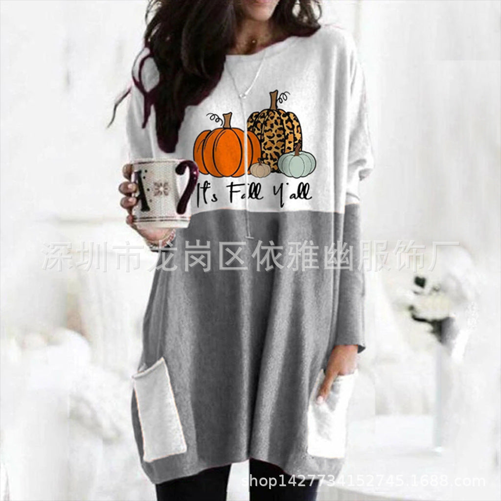 Women's Pumpkin Print Halloween Pocket Dress