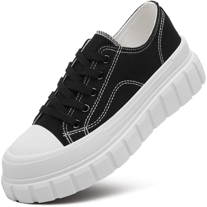 HYPOCRUTE Platform Sneakers for Women Low Top Canvas Shoes Womens Lace Up Platform Shoes Casual Walking Shoes for Women（BlackUS6）