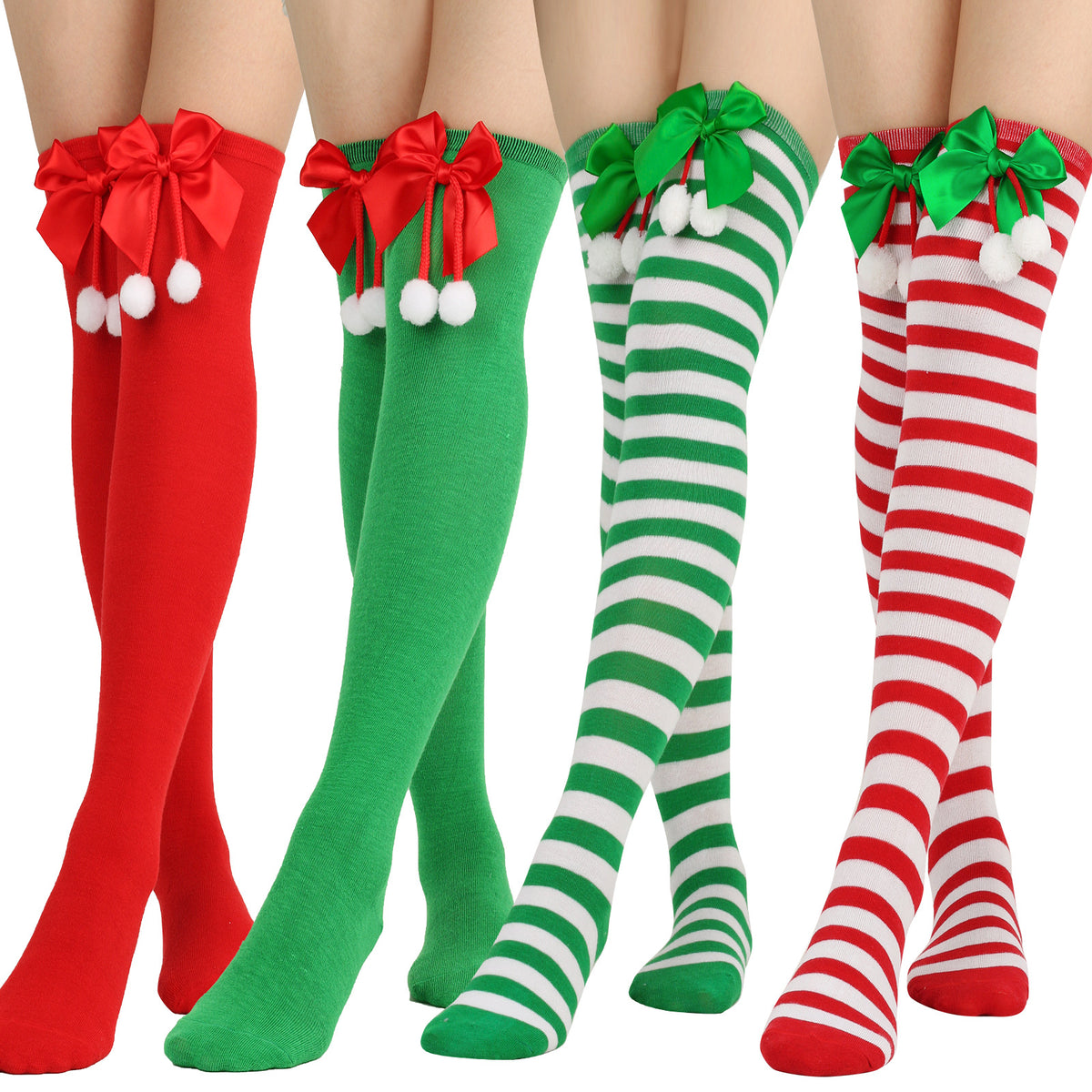 Women's Puff Ball Bow Over-Knee Christmas Socks