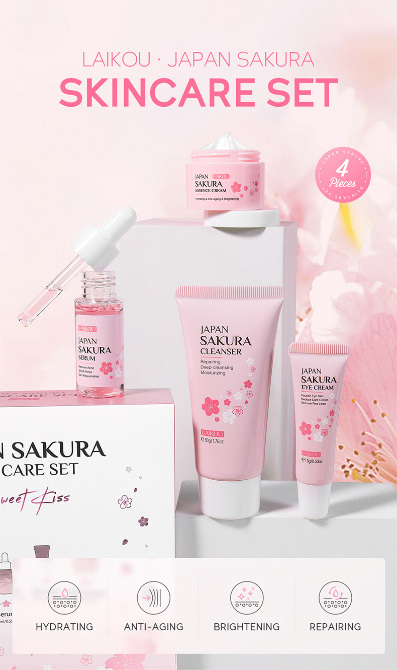 Kirschblüten 4-teiliges Hautpflegeset – Toner, Serum, Creme & Augenpflege