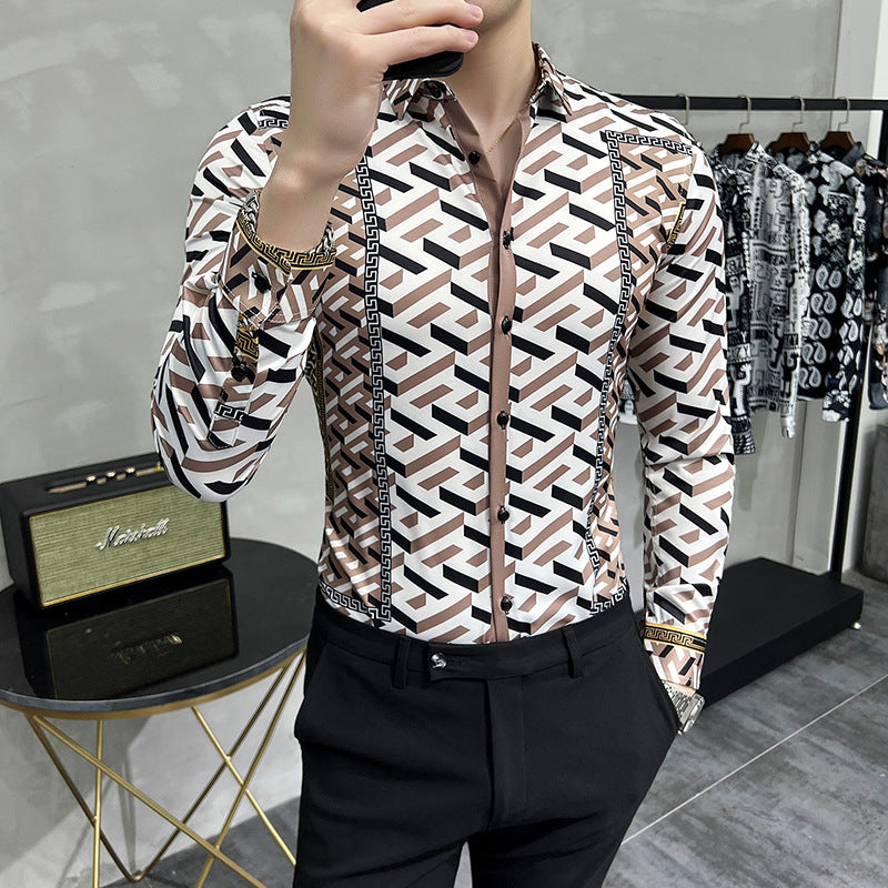 Men's Long Sleeve Digital Print Shirt – Classic Fit in Khaki | M–4XL