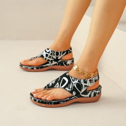 Embroidered Flower Herringbone Wedge Sandals