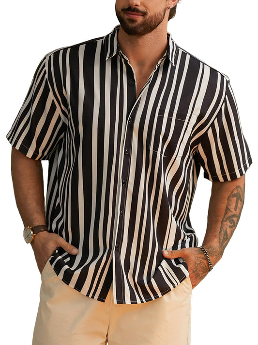 Men's Striped Short Sleeve Hawaiian Shirt – Casual Summer Button-Down