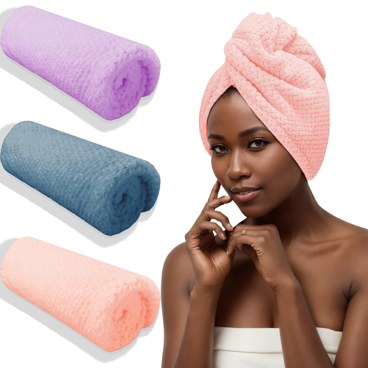 YHPDYL Microfibre Hair Towel Wrap – 3 Pack Anti-Frizz Large Hair Turban with Button for All Hair Types