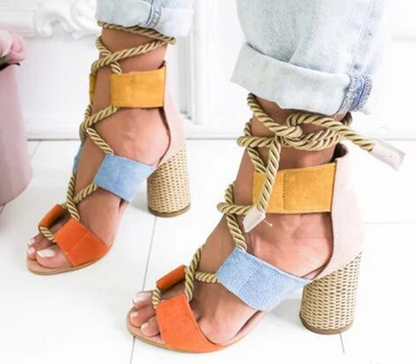 Color Block Chunky Heel Sandals