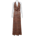 Damen V-Ausschnitt Neckholder Rückenfreies Leopardenmuster Kleid | Enganliegendes Anlasskleid