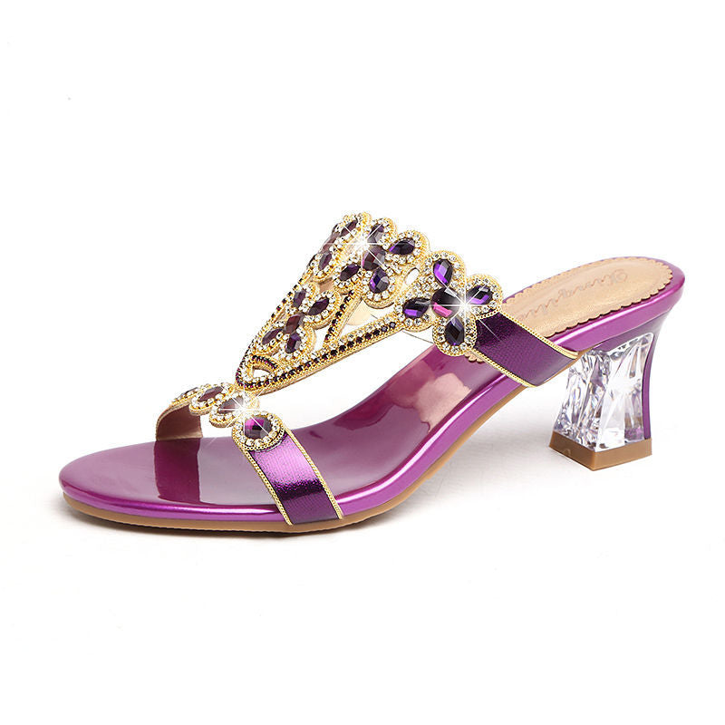 Rhinestone Block-Heeled Diamond Flower Sandals