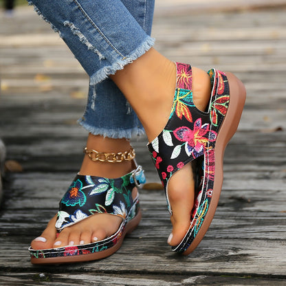 Embroidered Flower Herringbone Wedge Sandals