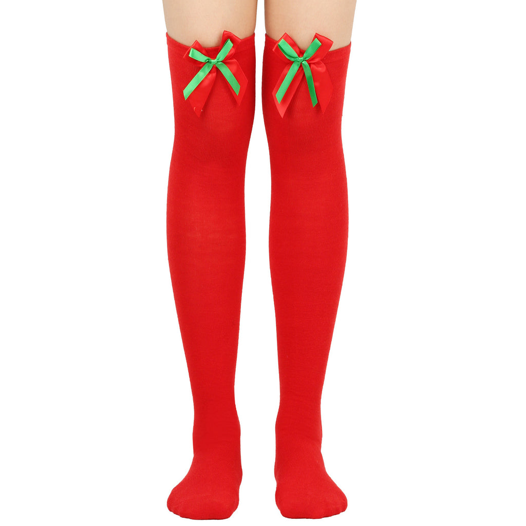 Women's Puff Ball Bow Over-Knee Christmas Socks