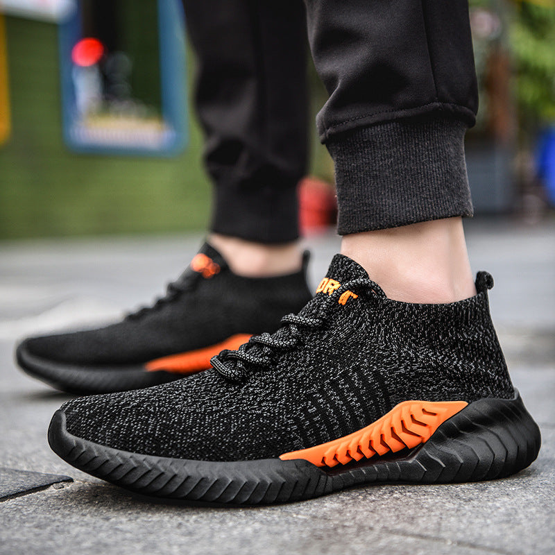 Men's Breathable Knitted Running Shoes – Mesh Upper, Black Orange, Khaki & Grey, EU 37–45