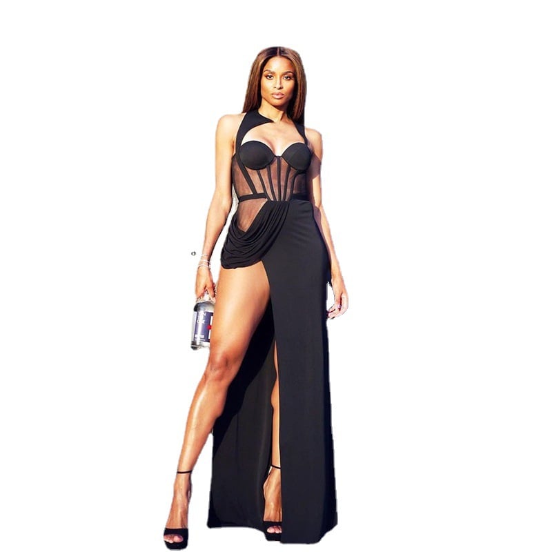 Women's Black Mesh-Back Slit Dress