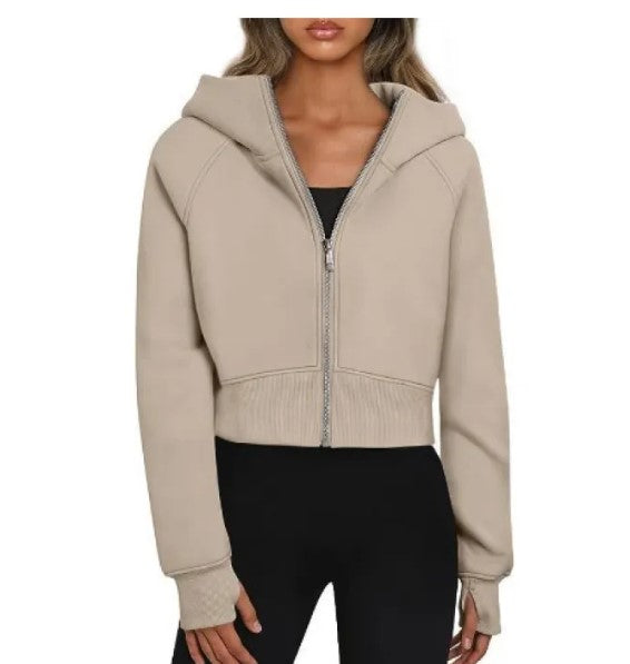 Women's Velvet Zip-Up Hooded Sweatshirt – Cropped Long Sleeve Hoodie in 9 Colours