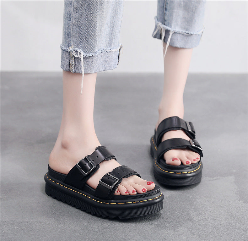 Women's Leather Open-Toe Sandals with Buckle Strap