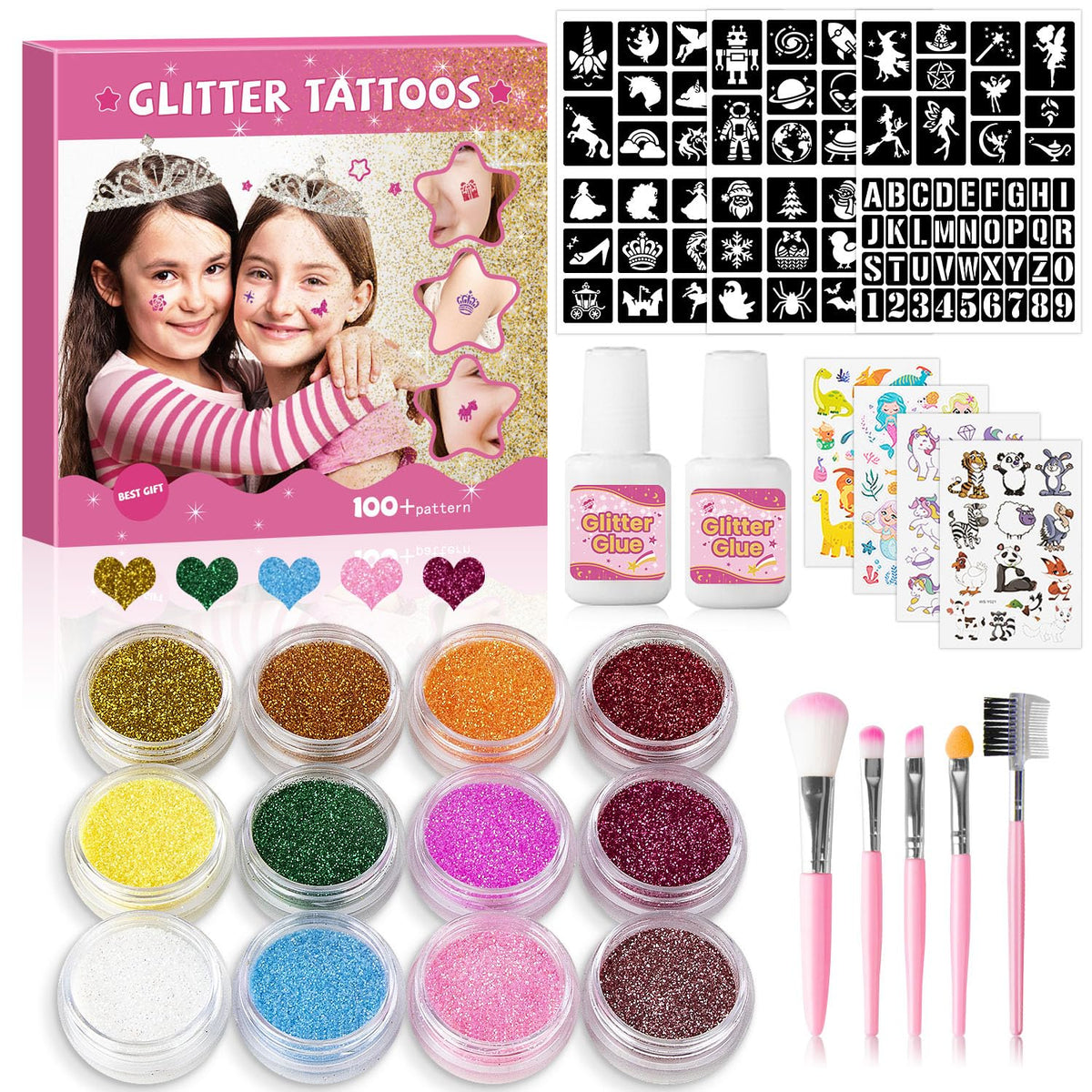 Temporary Glitter Tattoo Kit for Kids & Adults – 92 Stencils, 12 Colours