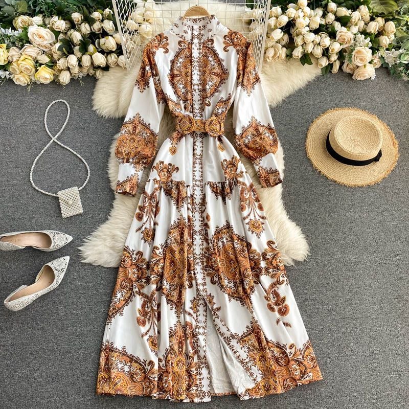 Women's Porcelain Print Stand-Collar Dress