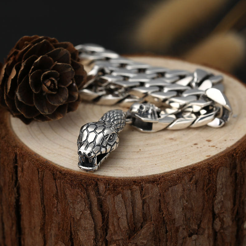 Thai Silver Snake Head Men's Bracelet in Sterling Silver