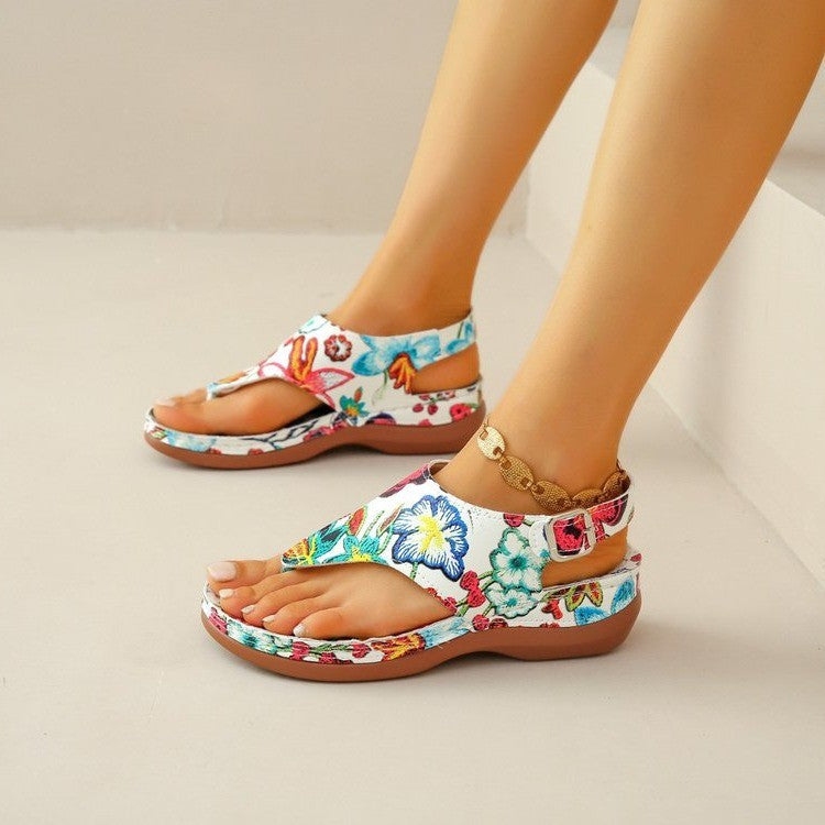 Embroidered Flower Herringbone Wedge Sandals