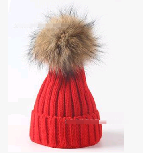 Solid Colour Knitted Hats with Faux Fur Pom Pom
