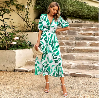 Women's V-Neck Printed Short Sleeve Maxi Dress | Summer Beach Dress