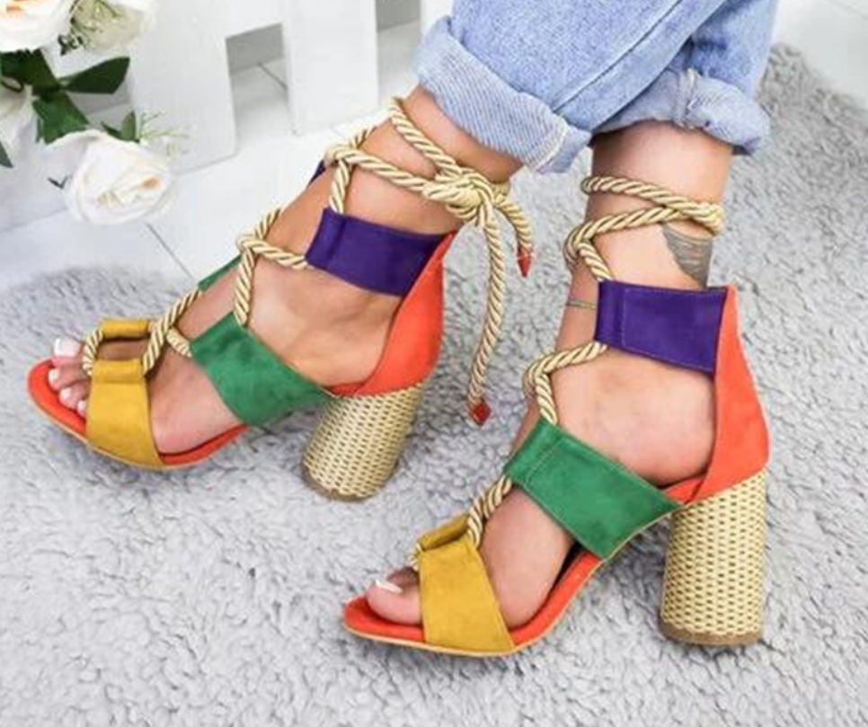 Color Block Chunky Heel Sandals