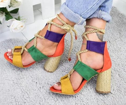 Color Block Chunky Heel Sandals