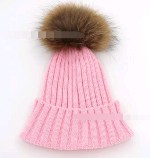 Solid Colour Knitted Hats with Faux Fur Pom Pom