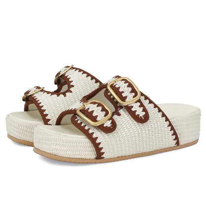 MICIFA Raffia Platform Sandals for Women Wedges Summer Beach Sandals Comfortable Cute Woven Straw Crochet Sandals Shoes Casual Adjustable Buckle Strap Shoes