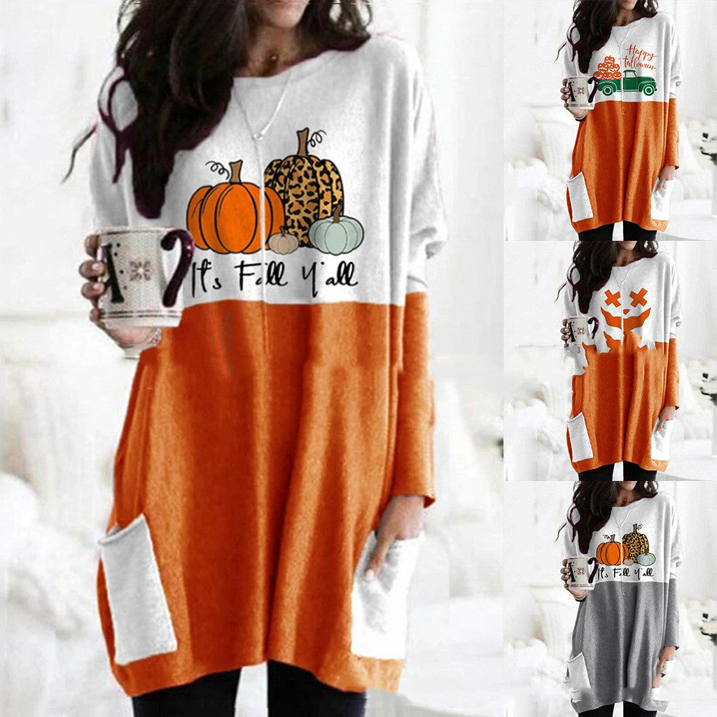 Women's Pumpkin Print Halloween Pocket Dress