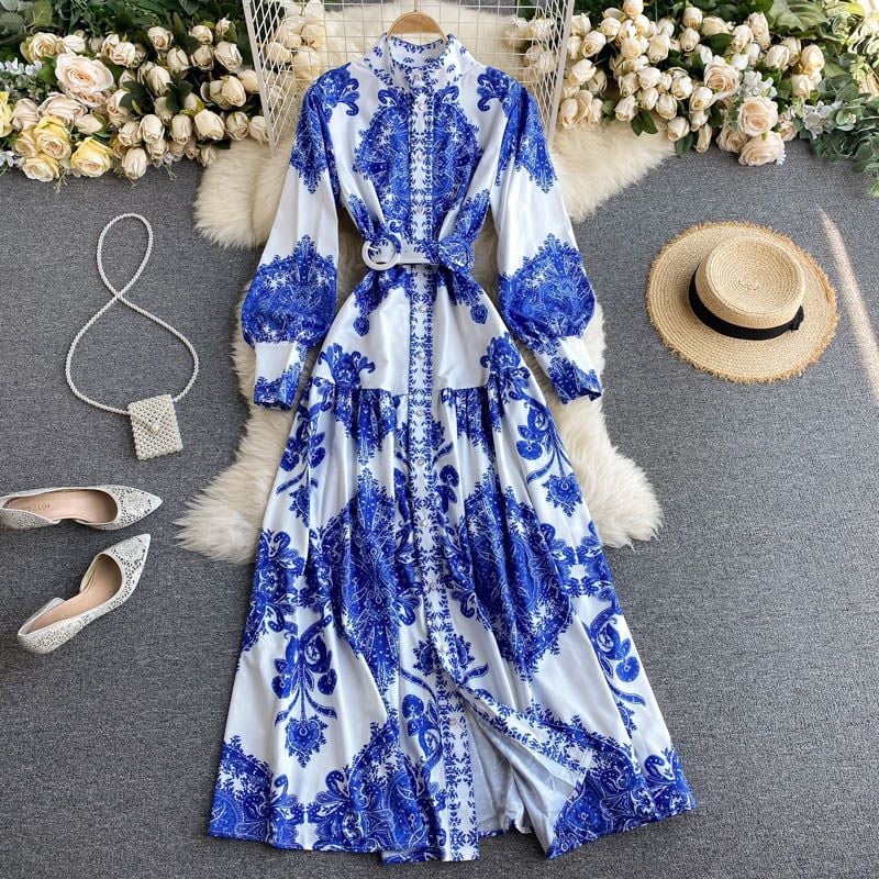 Women's Porcelain Print Stand-Collar Dress
