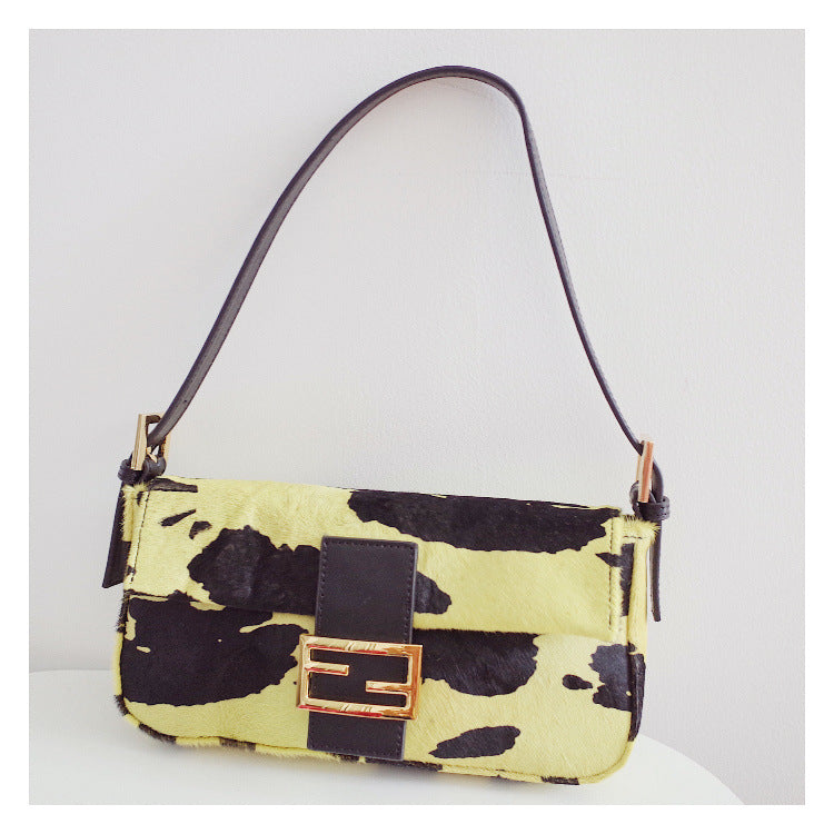 Cow-Texture Faux Leather Baguette Bag