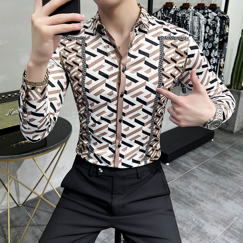 Men's Long Sleeve Digital Print Shirt – Classic Fit in Khaki | M–4XL