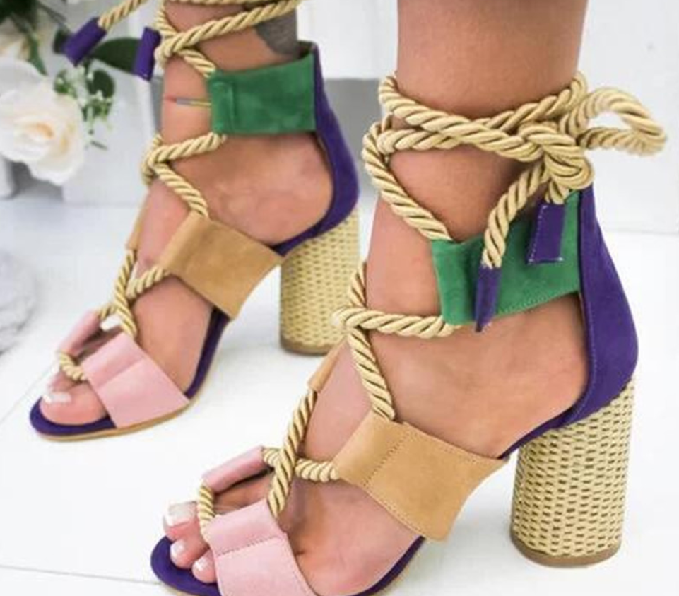 Color Block Chunky Heel Sandals