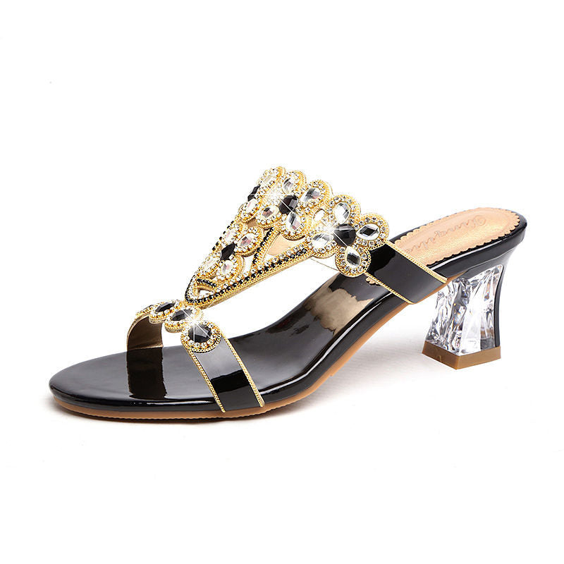 Rhinestone Block-Heeled Diamond Flower Sandals