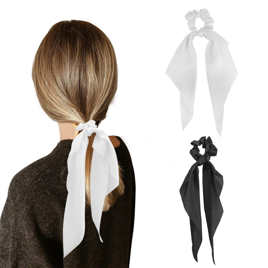 Satin Hair Bow Scrunchie & Ribbon Ponytail Holder for Women – 2pcs Black & White Hair Ties