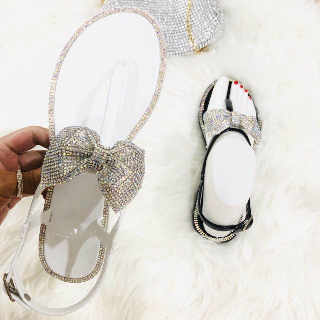 White Fancy Diamond Bow Sandals
