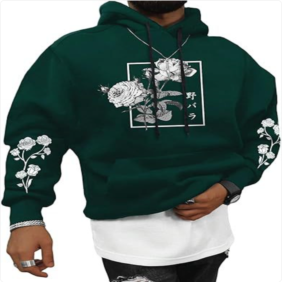 Rose Print Casual Sweatshirt – Loose Fit Polyester Pullover in 8 Colours | S–XXXL