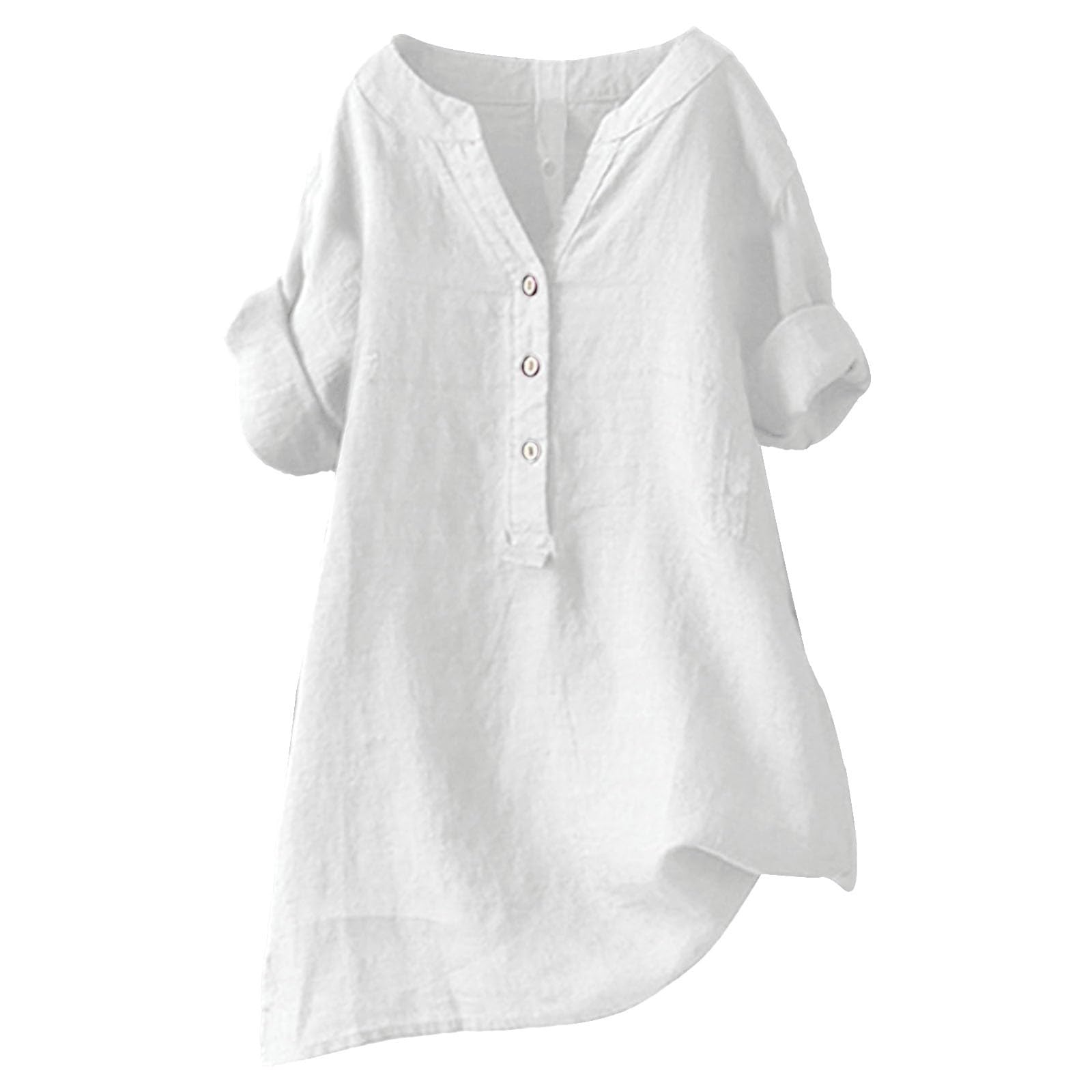 Damen Baumwolle Leinen V-Ausschnitt Shirt – Lässige Weite Kurzarm Bluse