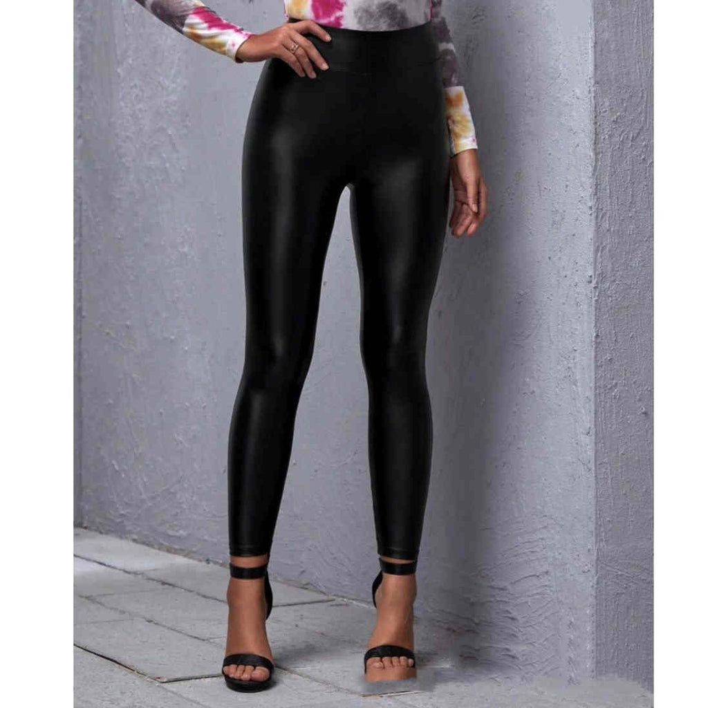 Women's Black PU Slim-Fit Trousers
